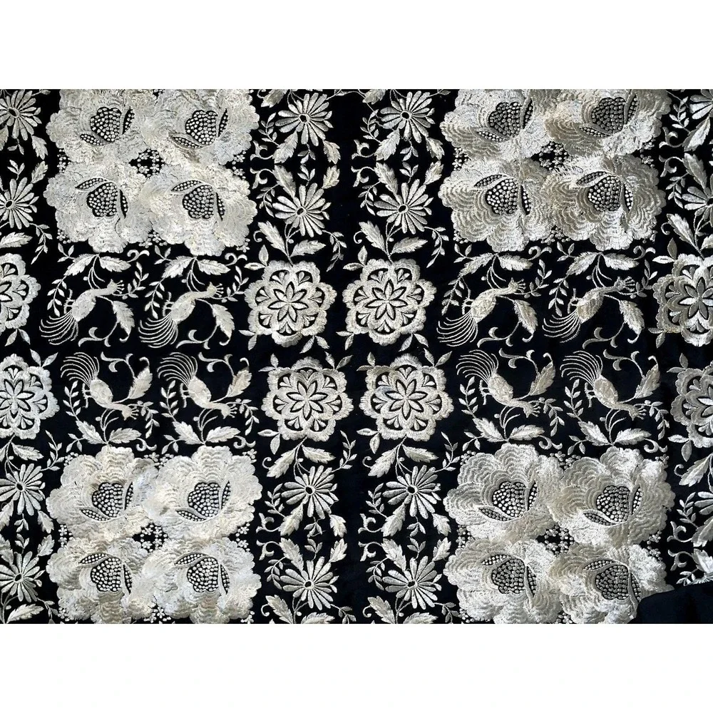 Antique Black Ivory Silk Floral w Peacocks Embroidered Manila Fashion Shawl READ